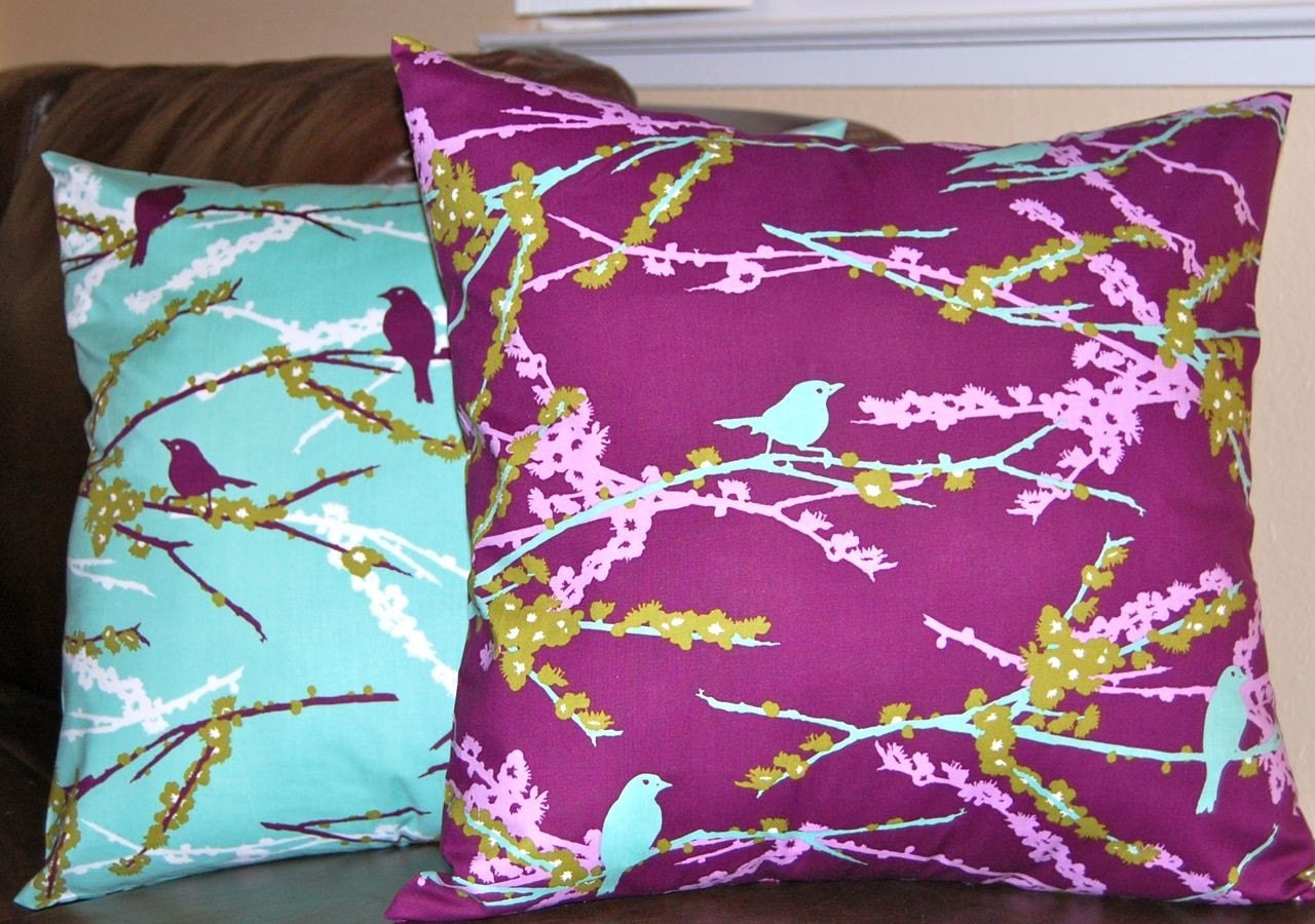 Joel Dewberry Decorative Throw Pillow Covers Lilac and Aqua Pillow Covers - 18 Inches - Aviary 2 by Joel Dewberry Sparrows in Plum and Lila