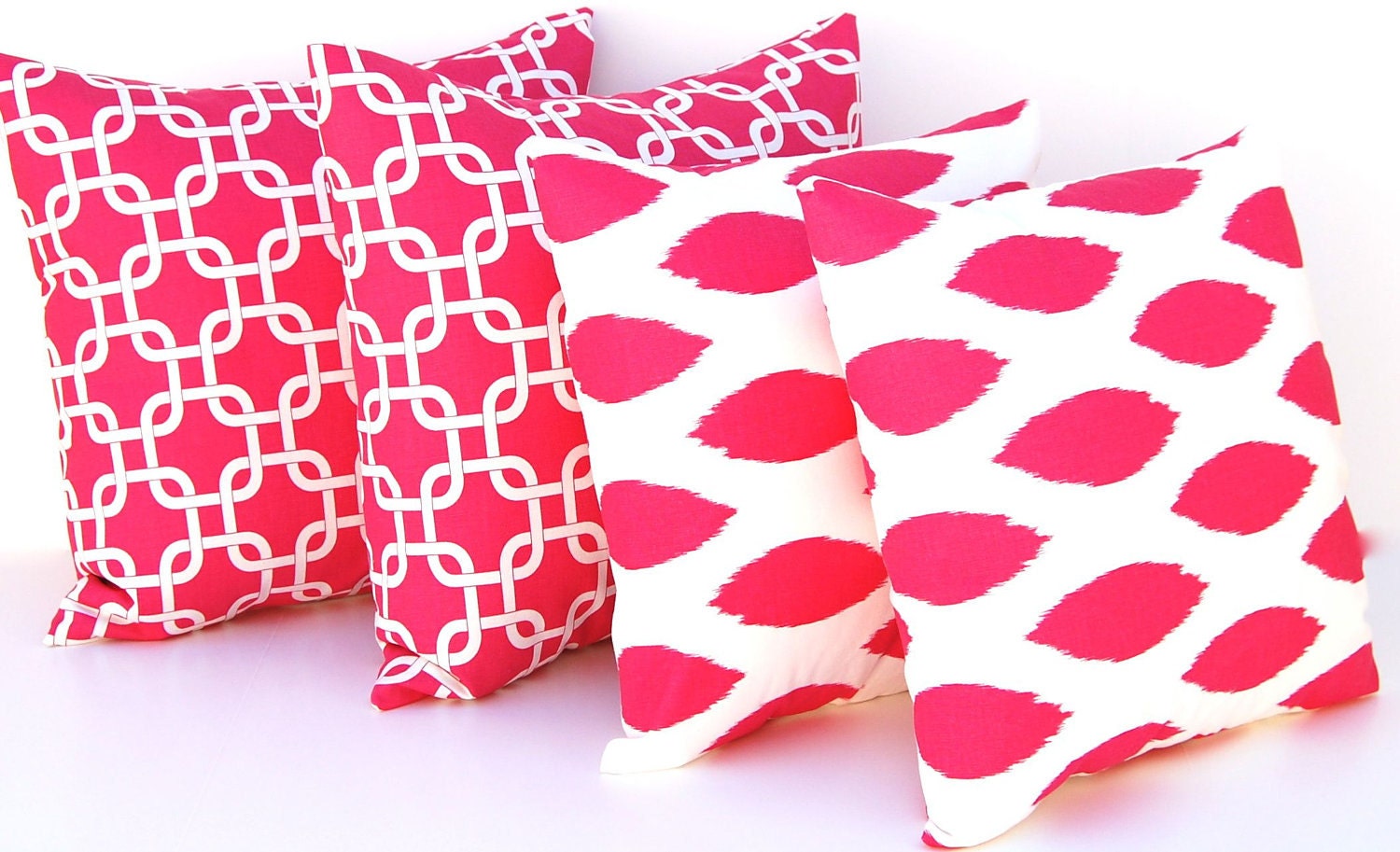 Decorative Throw Pillow Covers Combo of Four 20 x 20 and 18 x 18 Inches Chain Link and Ikat Pillow Covers Hot Pink on White