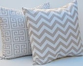 Decorative Pillow Covers Set of Two 18 x 18 Inches Tan and White Chevron and Greek Key