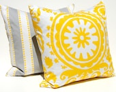 MEMORIAL DAY SALE Decorative Throw Pillow Covers Accent Pillows Gray, Yellow and White Suzani and Stripe Twill Pillow Covers 20 x 20 Inches
