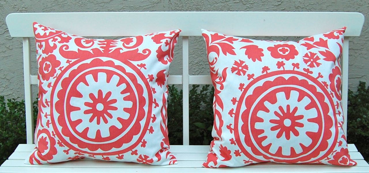 Decorative Pillows, Throw Pillow Covers, Accent Pillows 20 x 20 Inches Suzani Pillow Covers Coral on White