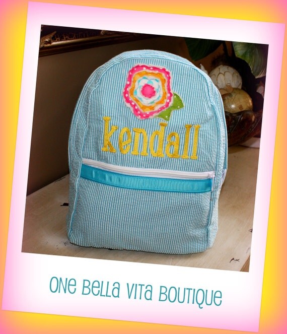 Medium Personalized Seersucker Applique Backpack by OneBellaVita
