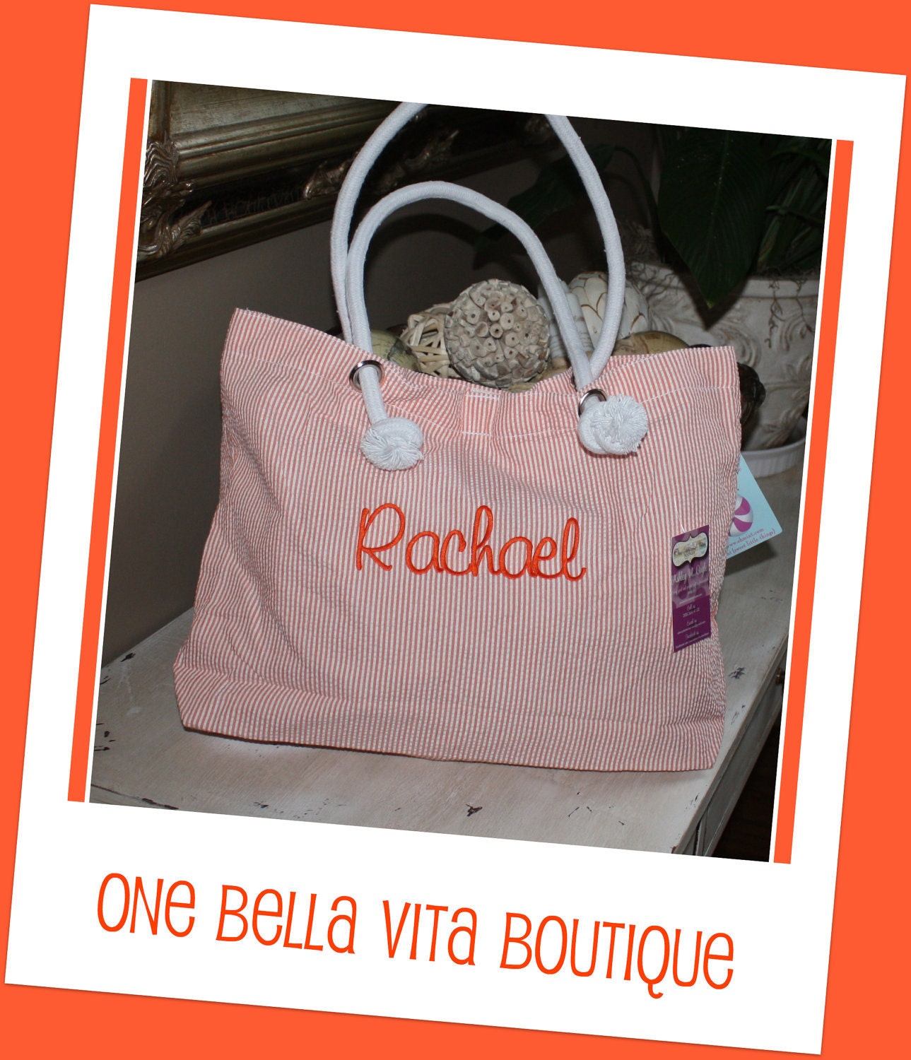 Monogrammed Orange Seersucker Everything Tote