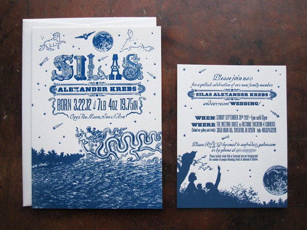 Custom Designed Letterpress Wedding Invitation and Birth Announcement Suite
