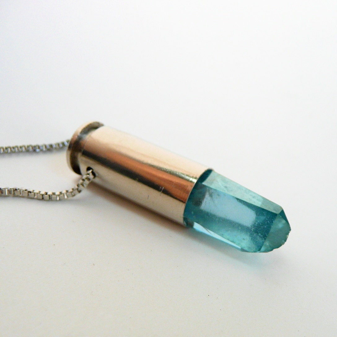 Bullet Crystal Pendant Necklace Aqua Aura teal you select custom