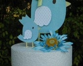 Baby Blue Bird  Mommy and Baby Birdie CAKE TOPPER SET in Blue and White and  Green