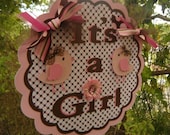 Bird Its a Girl DOOR SIGN in Pink and Brown