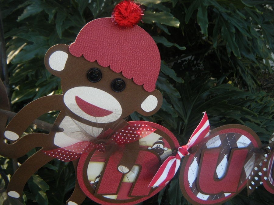 Sock Monkey NAME BANNER in Brown and Red