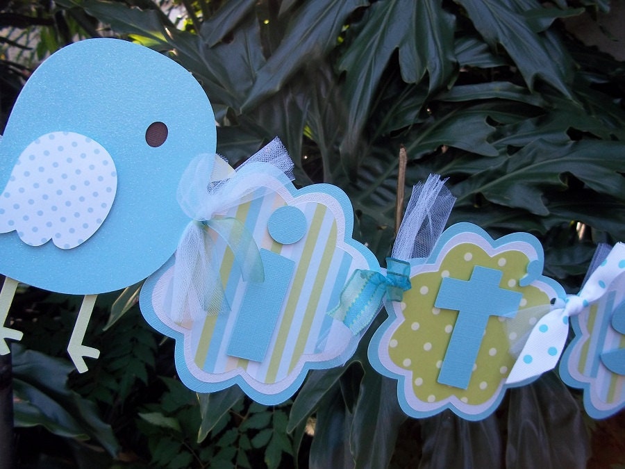 Baby Blue Bird Its a Boy  BANNER in Blue and Green and White