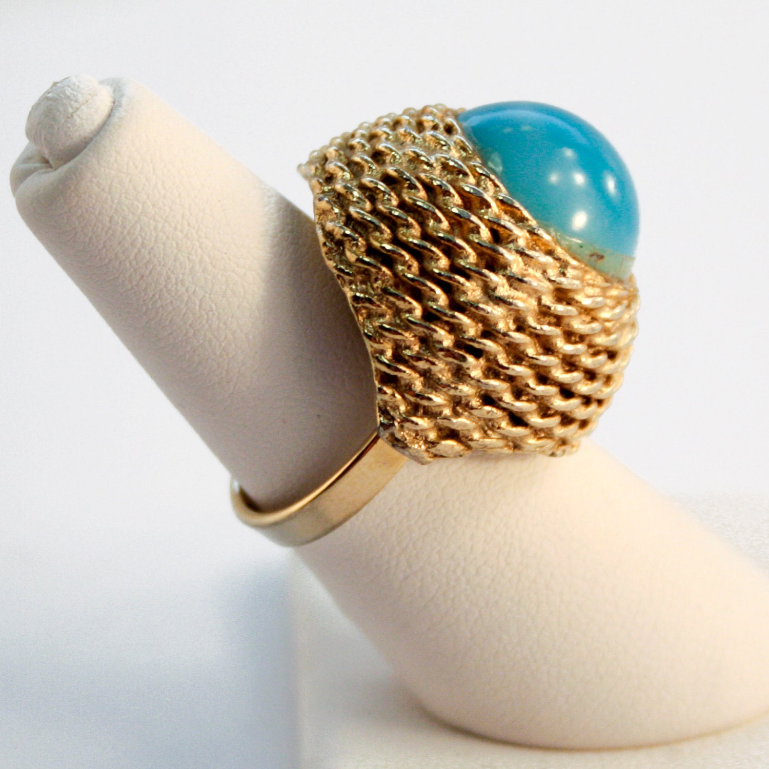 Chunky Faux Turquoise and Gold Rope Ring - Vintage Adjustable