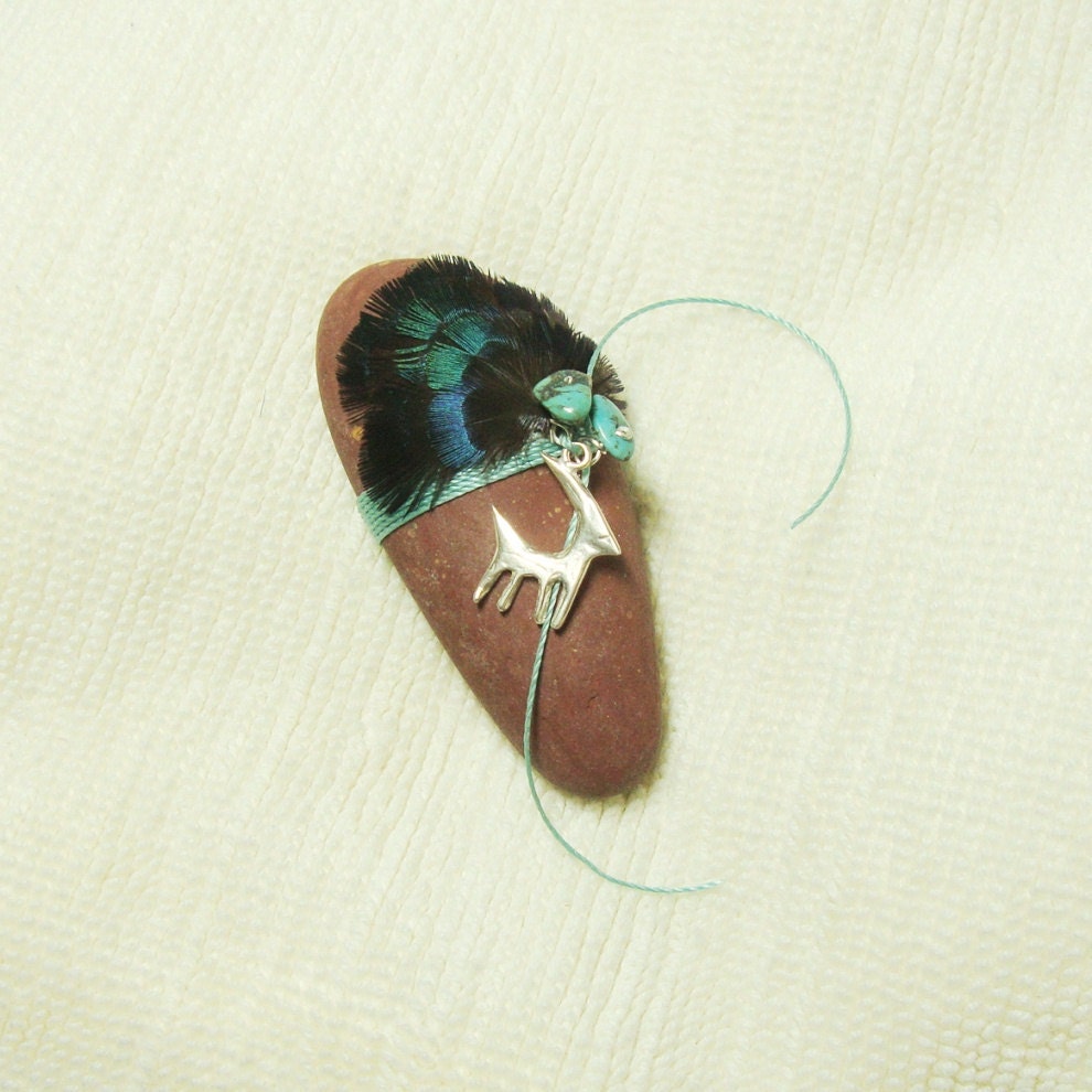 Art Sculpture Spirit Stone SS Charm Turquoise Iridescent Feathers
