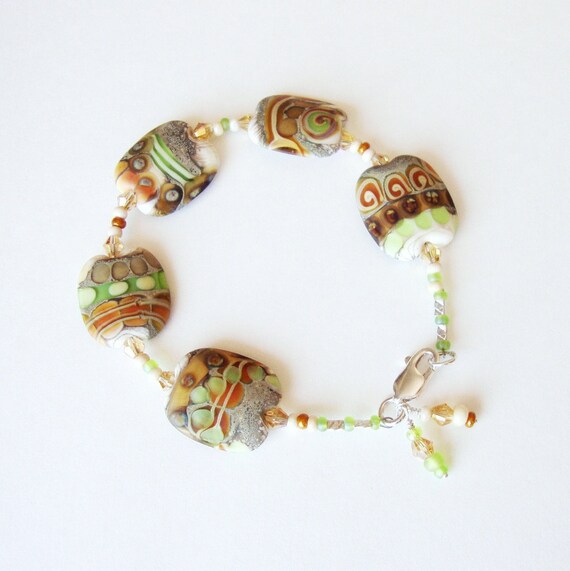 Jewelry Bracelet Nectarine Lime Flat Lampwork Bead Sterling Silver