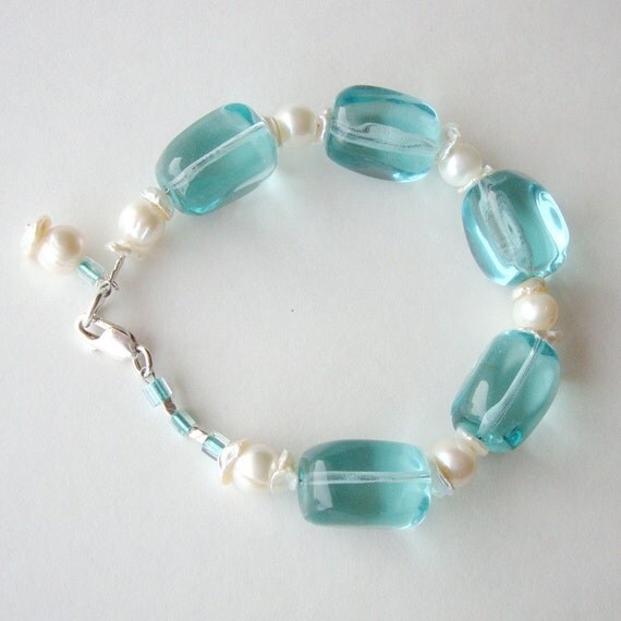 Aqua Blue Quartz Glass Chunky Bracelet Pearls Sterling