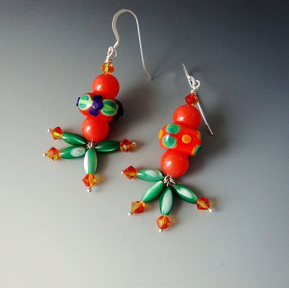 Jewelry Dangle Earrings Festive Orange Green Lampwork