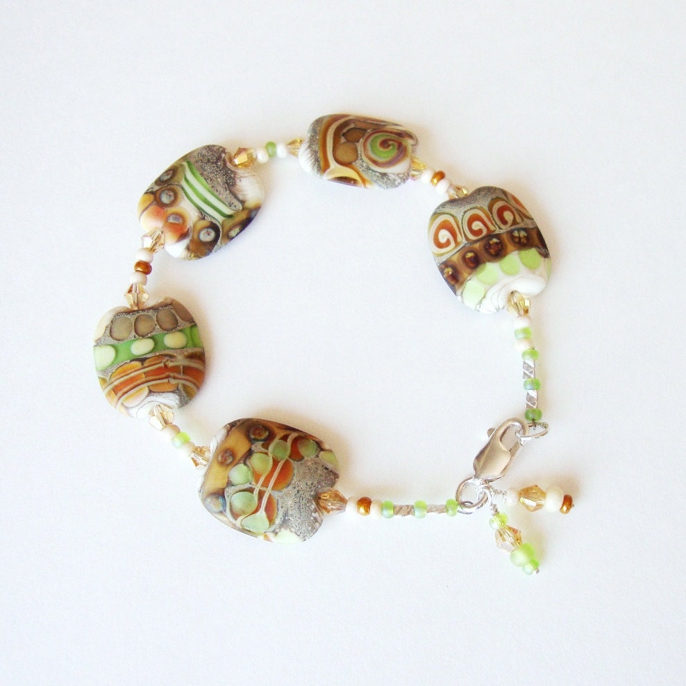 Jewelry Bracelet Nectarine Lime Flat Lampwork Bead Sterling Silver