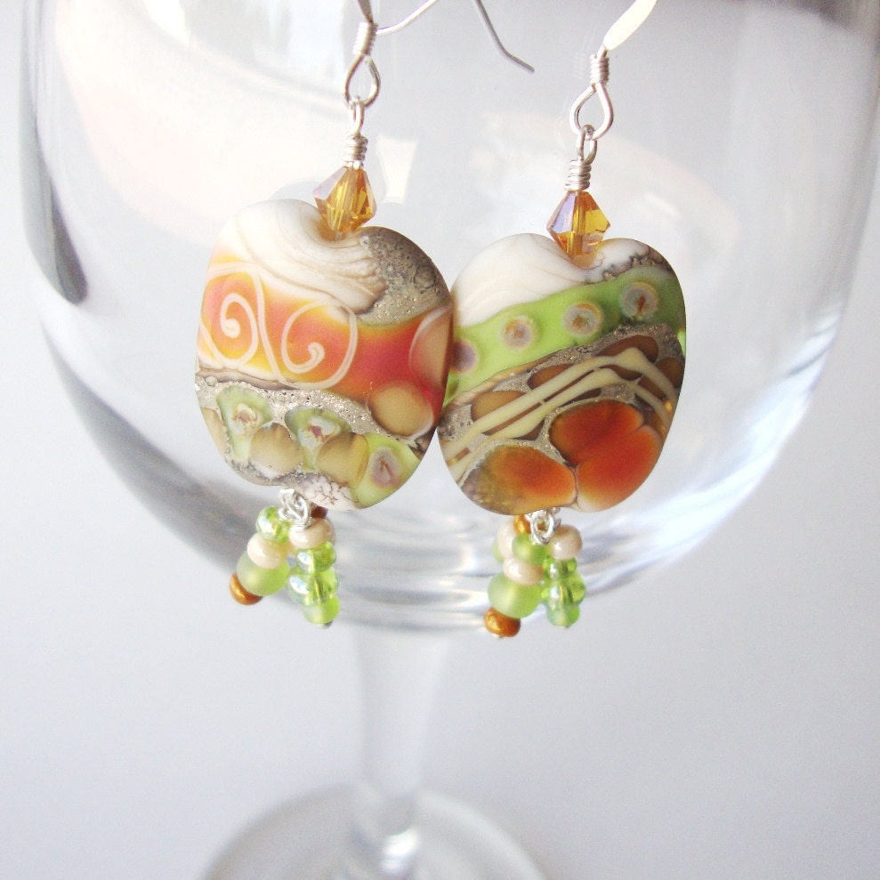 Jewelry Earrings Lampwork Tangerine Lime Crystal Sterling