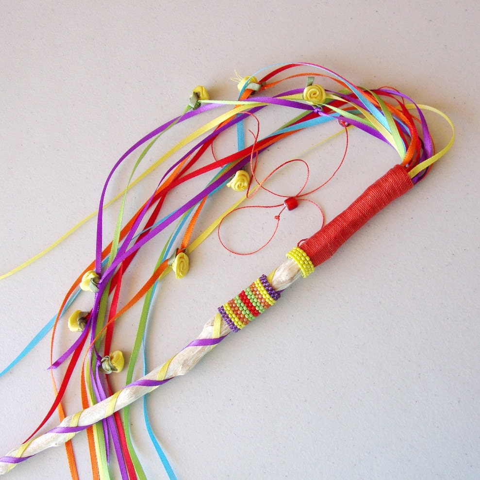 Valentine Fantasy Festival Wand  Red, Yellow, Orange Purple, Green Ribbons Beads