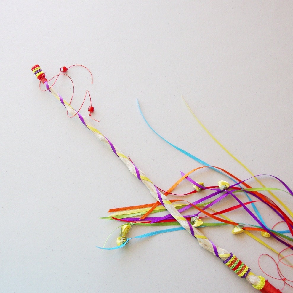 Valentine Fantasy Festival Wand  Red, Yellow, Orange Purple, Green Ribbons Beads