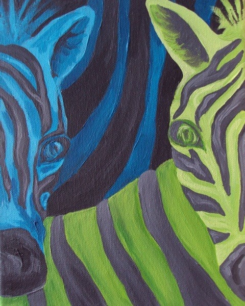 Children's wall art zebra painting, blue and green nursery decor