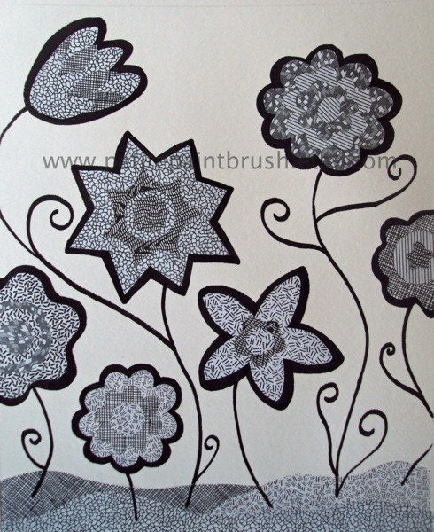 Childrens Art, Mixed media, Black and white flowers, original collage, art for children