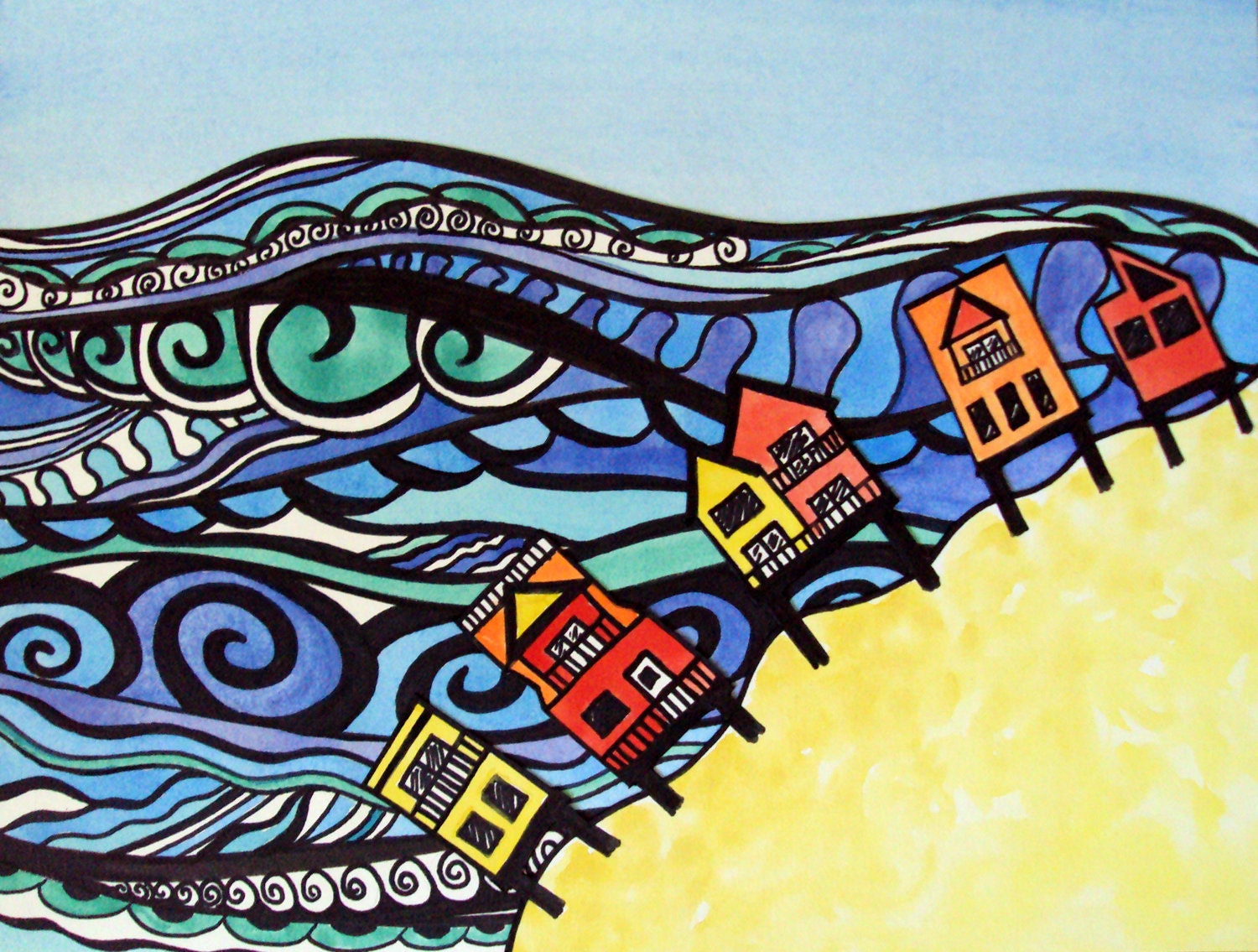 Kids art landscape wall art, ocean and beach print