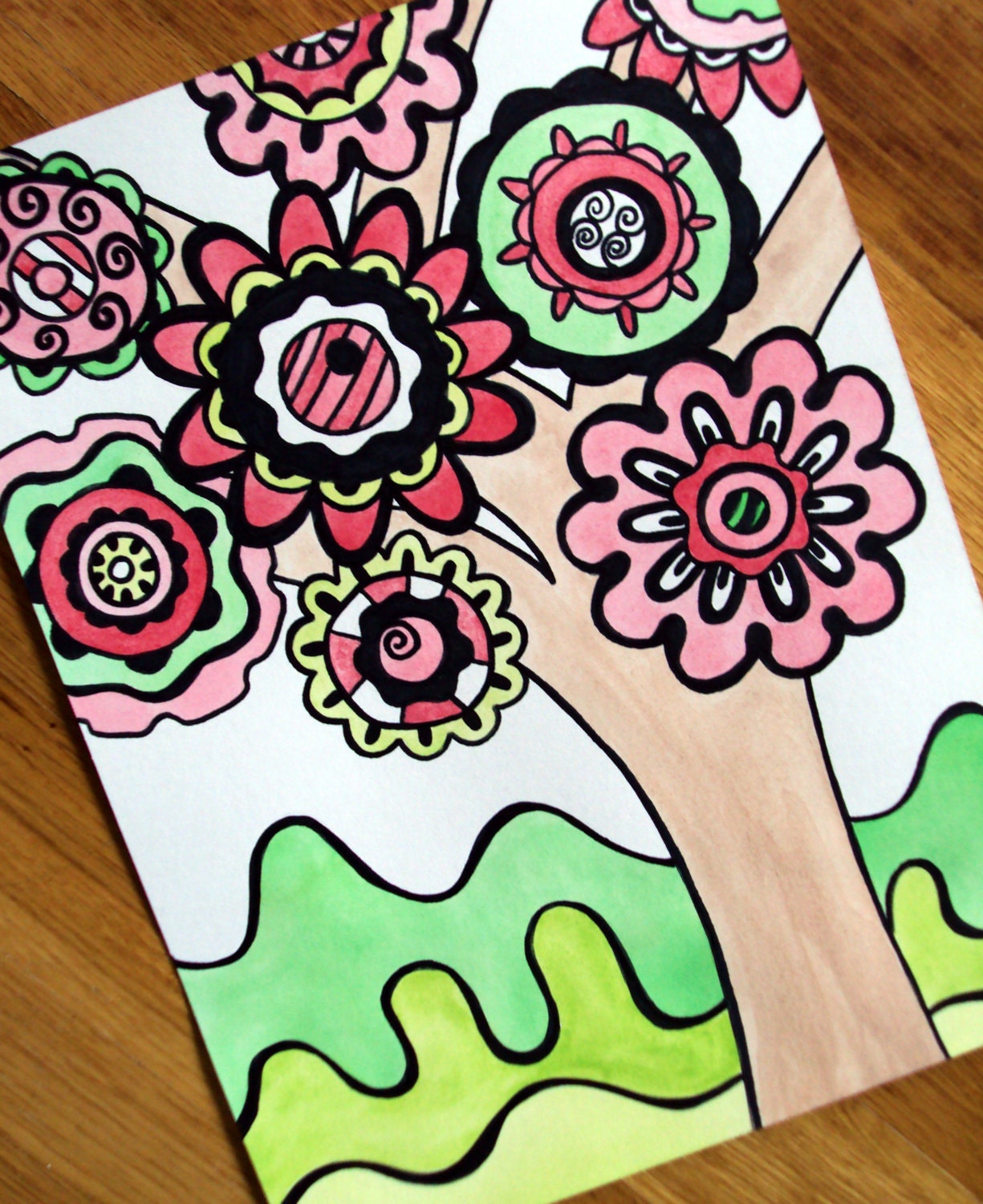 Kids art girl wall art flowers pink and green