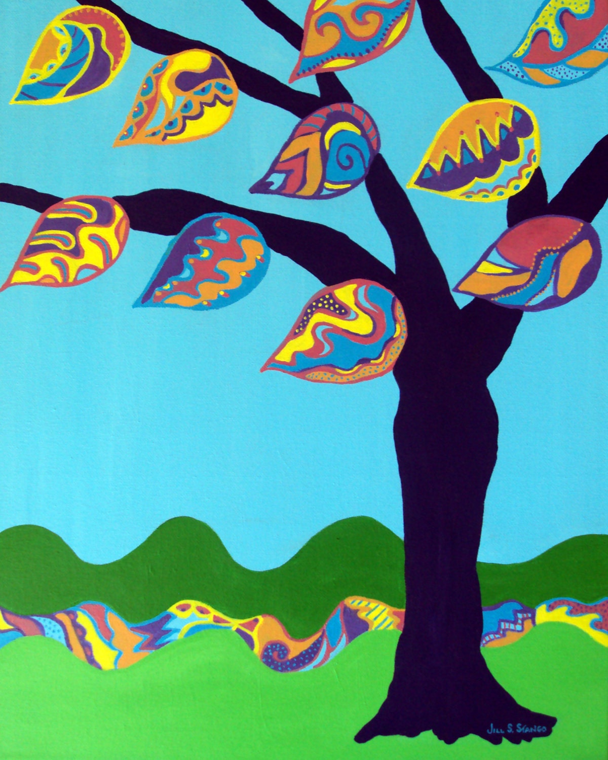 Kids art tree landscape original painting on canvas, nursery art