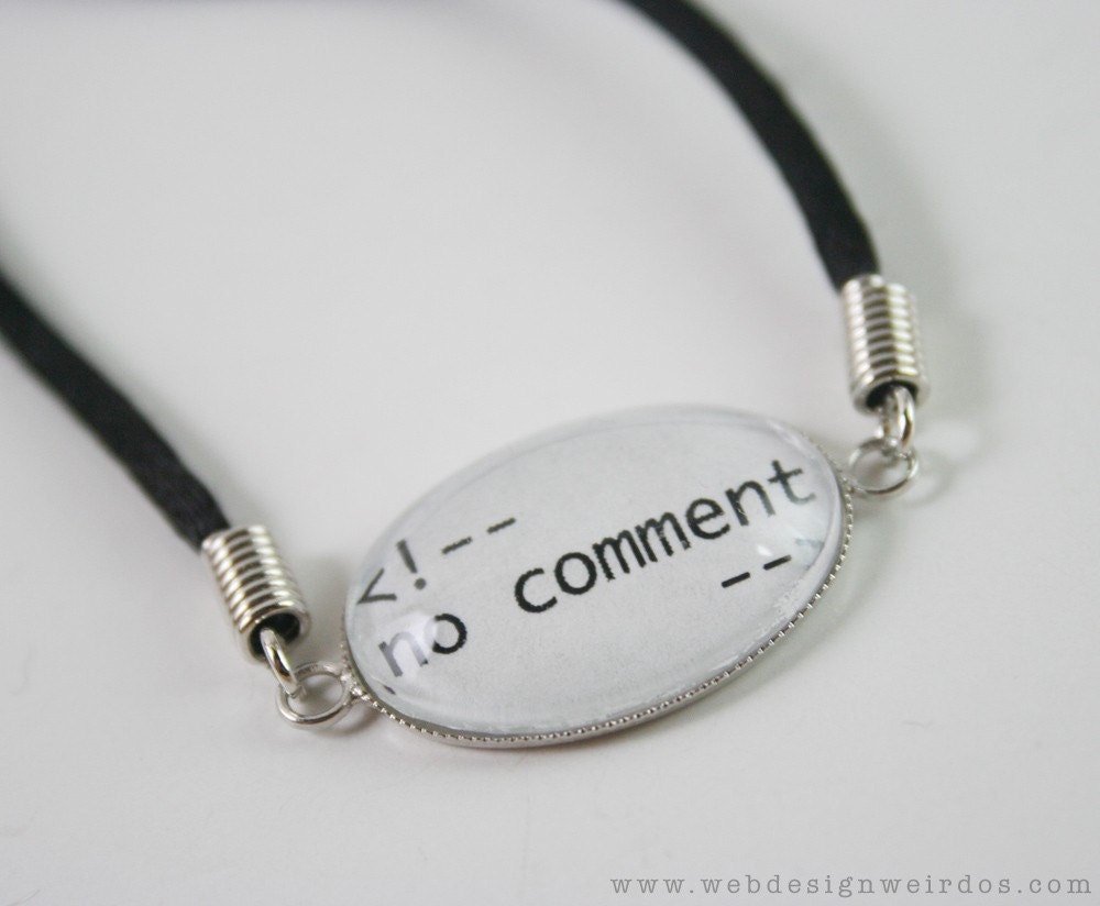 No Comment Geek Necklace. Comment Tag with No Comment Text. Glass and Black Cord.