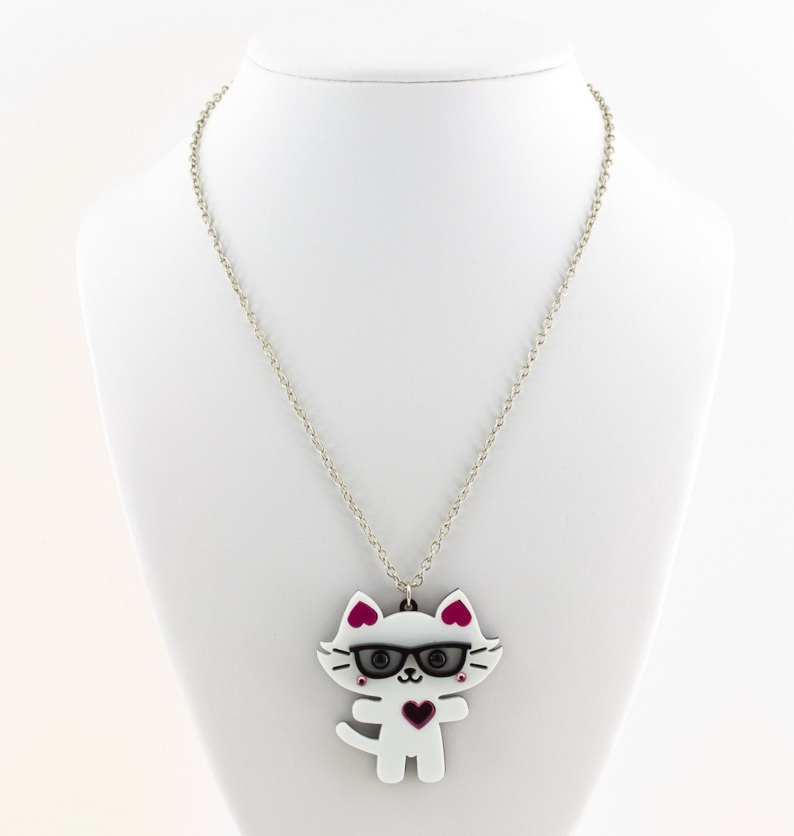 Geeky Kitty With Glasses Laser Cut Layered Acrylic Pendant Kawaii Japanese Anime Style