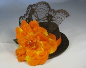 Mini Top Hat - Fascinator - Brown Hat, Brown Lace and Orange Flower
