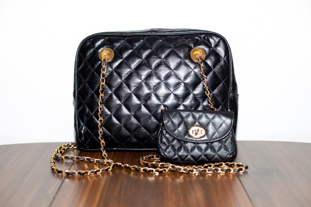 1980s Vintage Black Quilted Chanel Style Purse Gold Chain Strap Matching Wallet