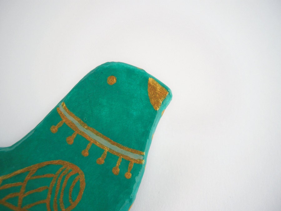 Turquoise Bird hand painted brooch papier mache jewelry