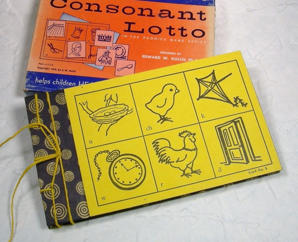 Vintage Phonics Consonant Lotto Card on Stitched Journal Teacher Gift