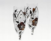 Hand Painted Champagne Toasting Flutes Chocolate Flowers Wedding Glasses Brown Black Diamond
