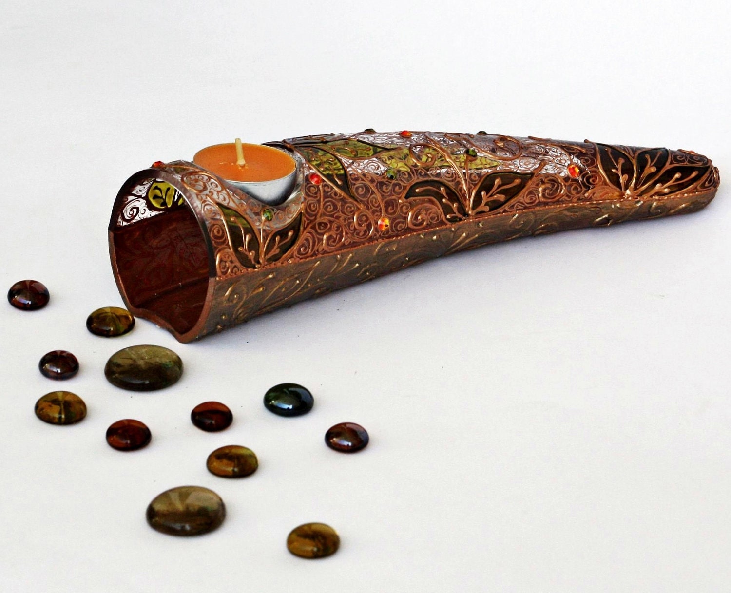 Glass Tea Light Candle Holder-Hand Painted Copper Lace