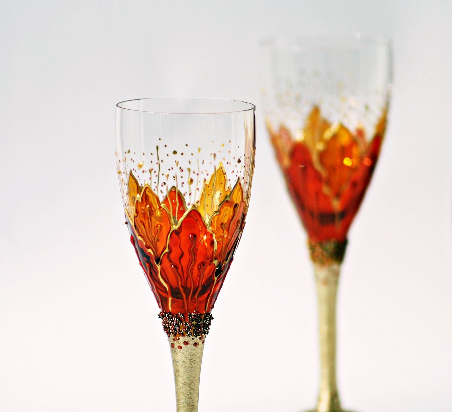 Set of 2 Aperitif Glasses Hand Painted Crocus Gold Orange Yellow Sunshine Fire Opal Swarovski Crystals