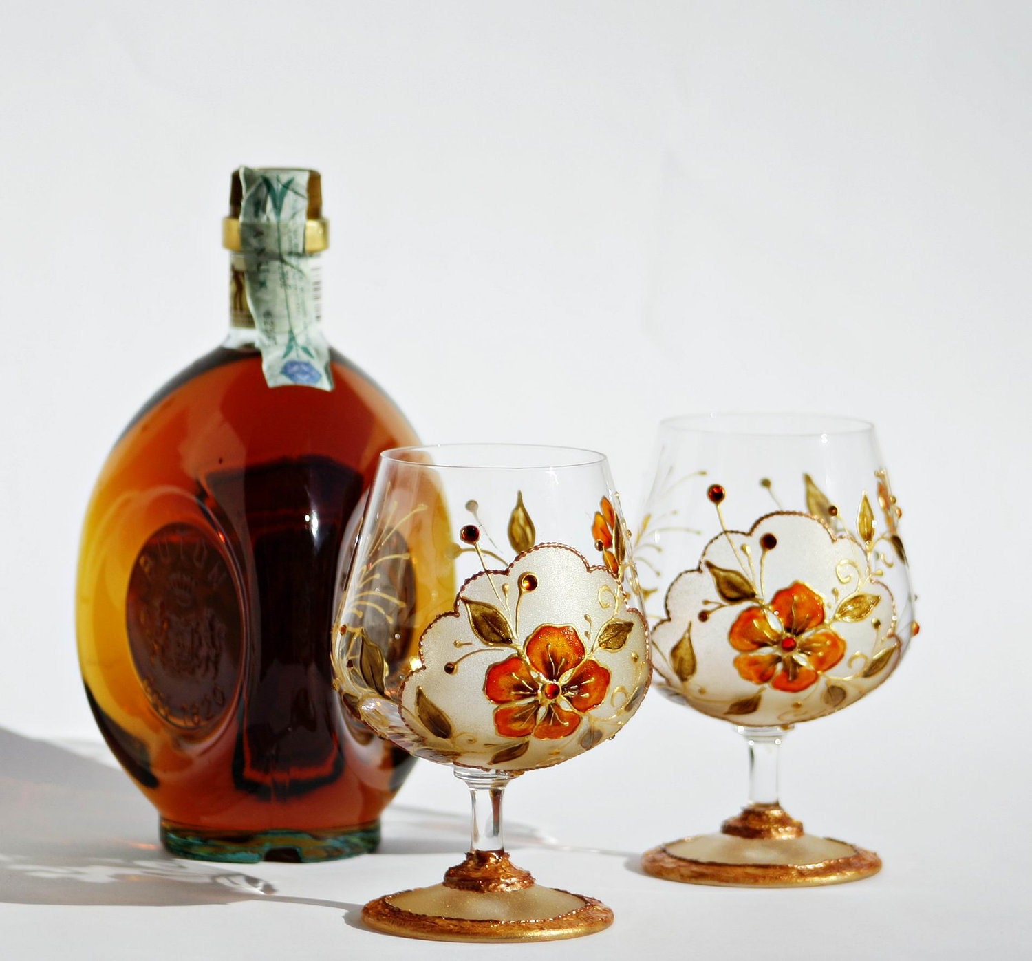 Cognac/Brandy/ Liqueur/Wine Hand Painted Glasses Set of 2 "Sip with Pleasure"