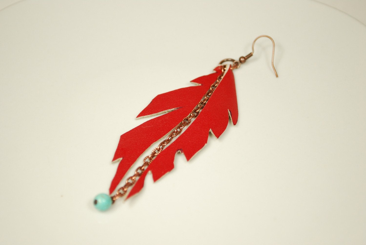Red Feather Earrings - Leather, Vintage Copper Chain, Turquoise Beads