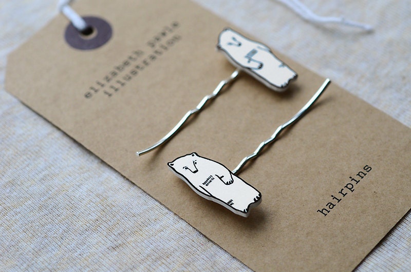 winter bear hair pins - bobby pins - by elizabeth pawle - minimal modern design illustration - hand cut