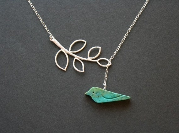 Leaf bird necklace, lariat leaf necklace, silver, blue turquoise bird - fall wedding jewelry, christmas gifts, birthday, friendship, family