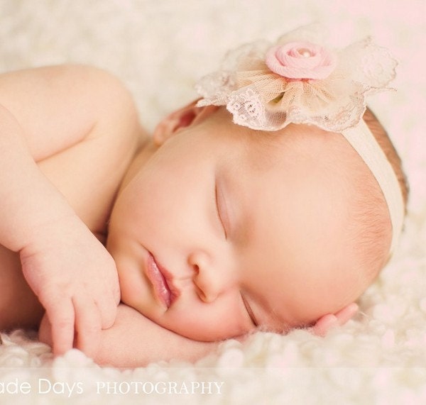Vintage Baby Headband Chiffon Tulle and Lace Rosette Headband Vintage Inspired Headband Photo Prop Infant HeadbandITEM NO.24