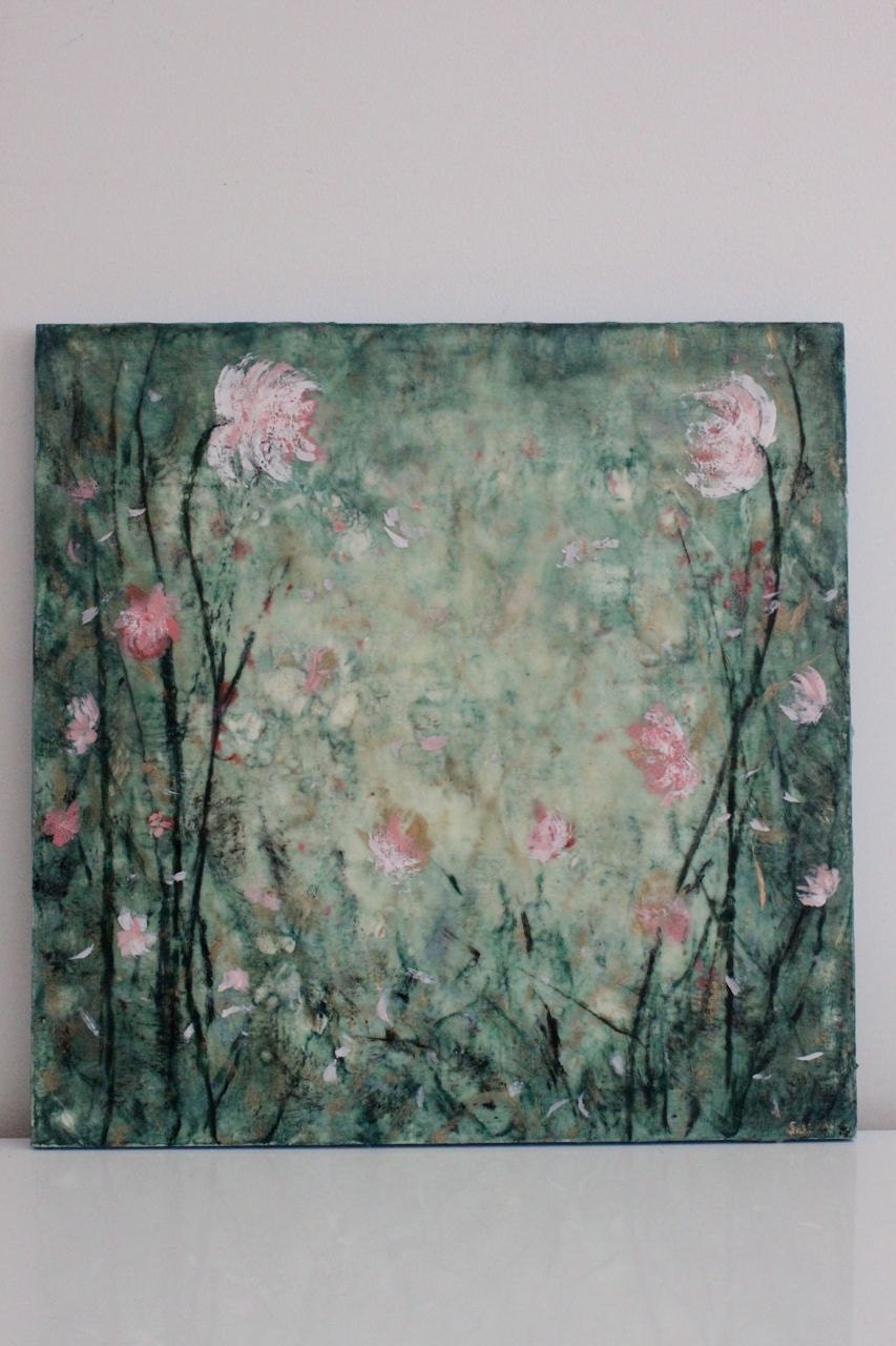 Painting  Encaustic Beeswax Painting When we Met 20 x 20   Swalla Studio