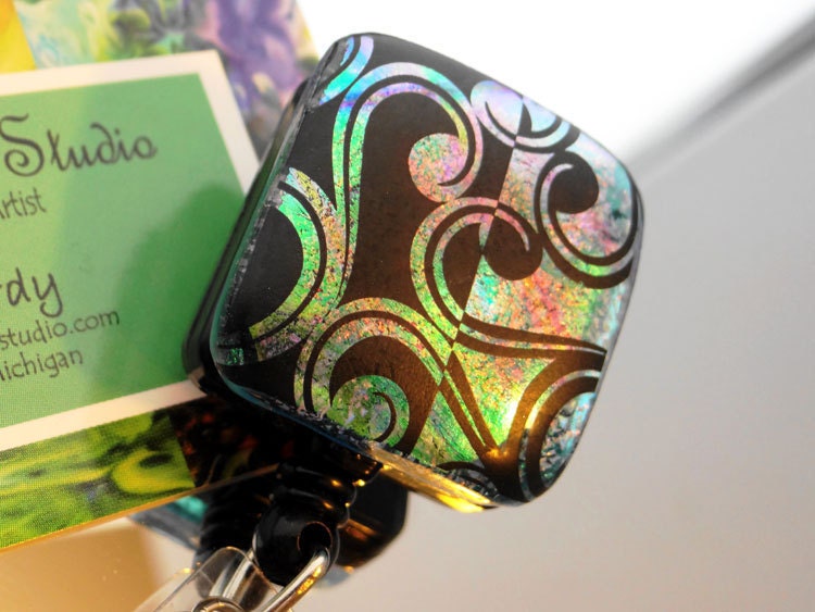 Fused Dichroic Glass Badge Reel  - Yin Yang