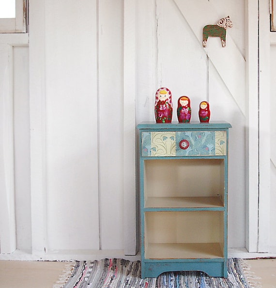 No. 27- painted side table bookshelf with vintage looking paper drawer