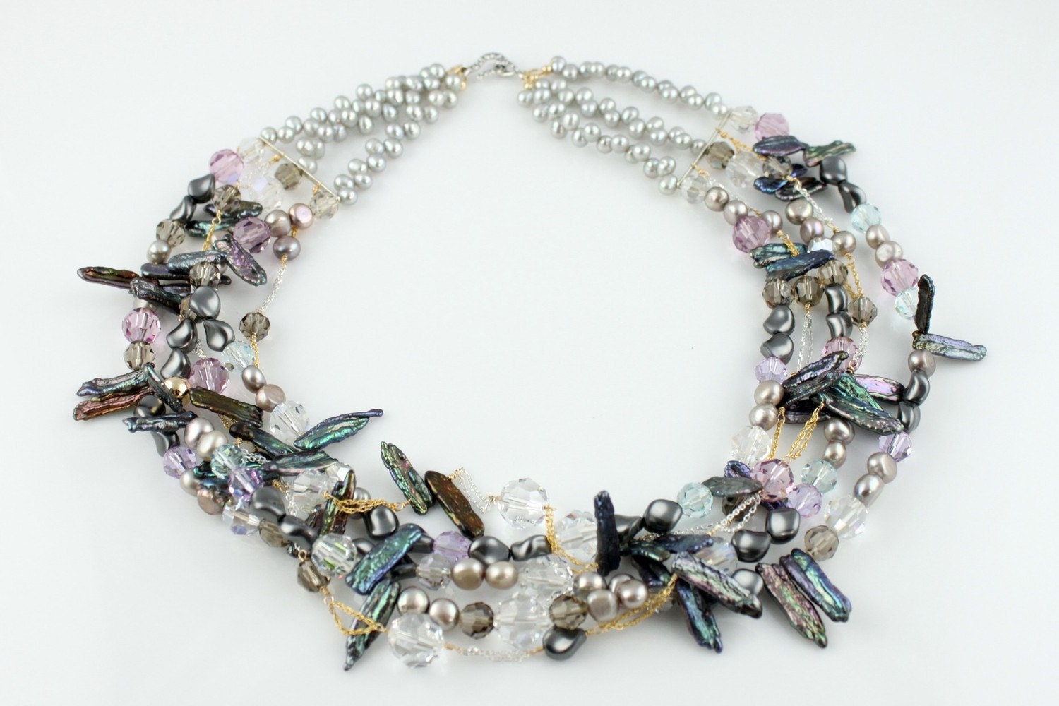 Pearl and Crystal Grey Statement Necklace - Free Shipping