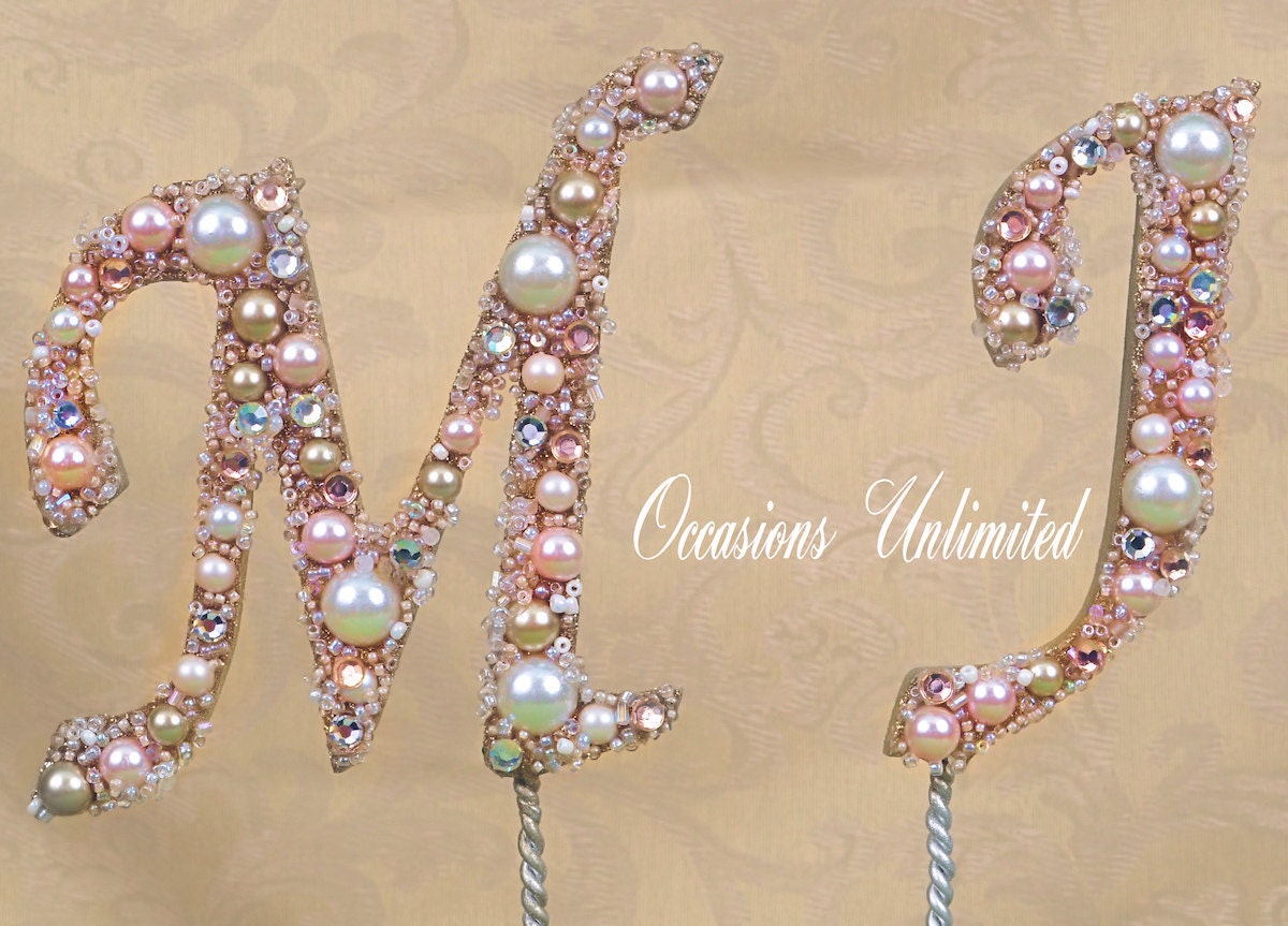 Double letter COLOR Cake Topper - SMALL 4" Cake Top Bling Wedding Monogram pearls and crystals