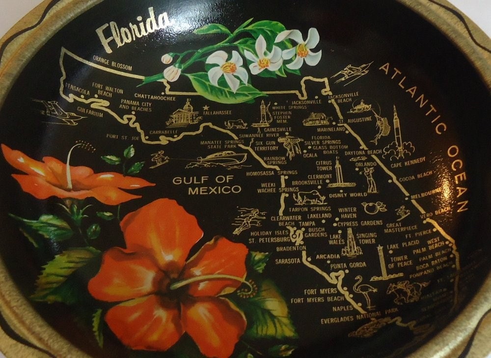 Vintage Florida Souvenir Bowl Hibiscus Orange Blossom