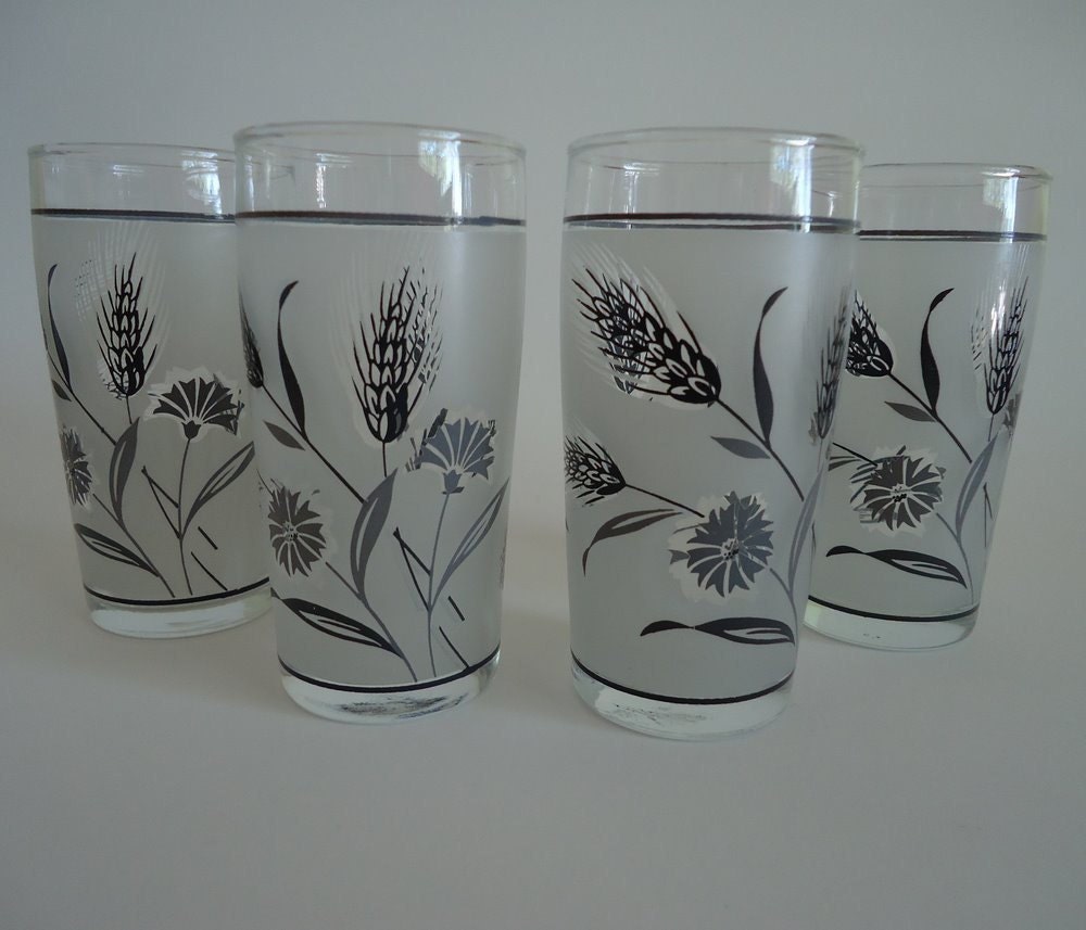 4 Libbey Frosted Wheat Juice Glasses, 1950s 1960s
