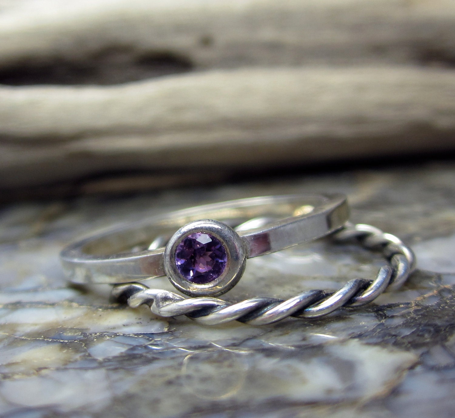 amethyst skinny stack rings with twisted wire band in sterling