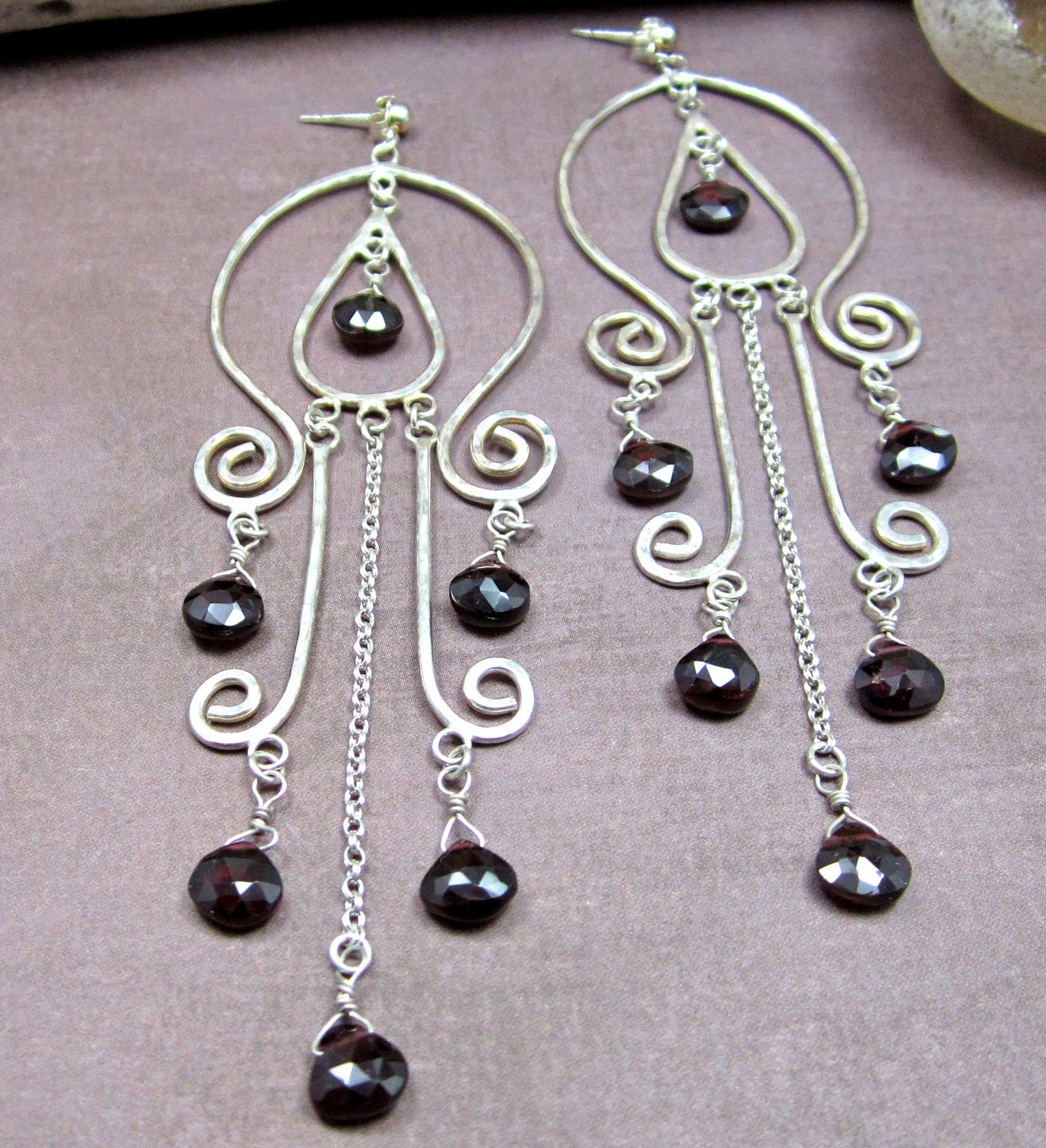 Hammered sterling silver garnet chandelier earrings "Oscar earrings"